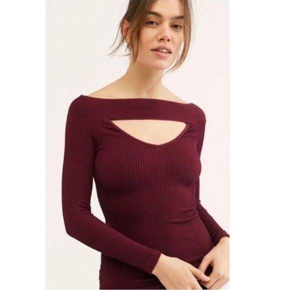 Free People Intimately burgundy long sleeve off the shoulder top - Picture 1 of 5
